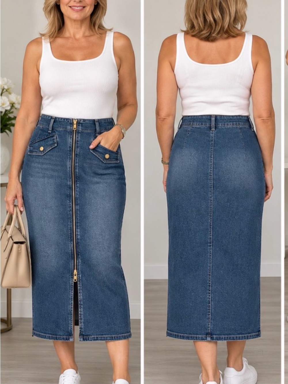 High-Rise Blue Denim Midi Skirt with Front Zip